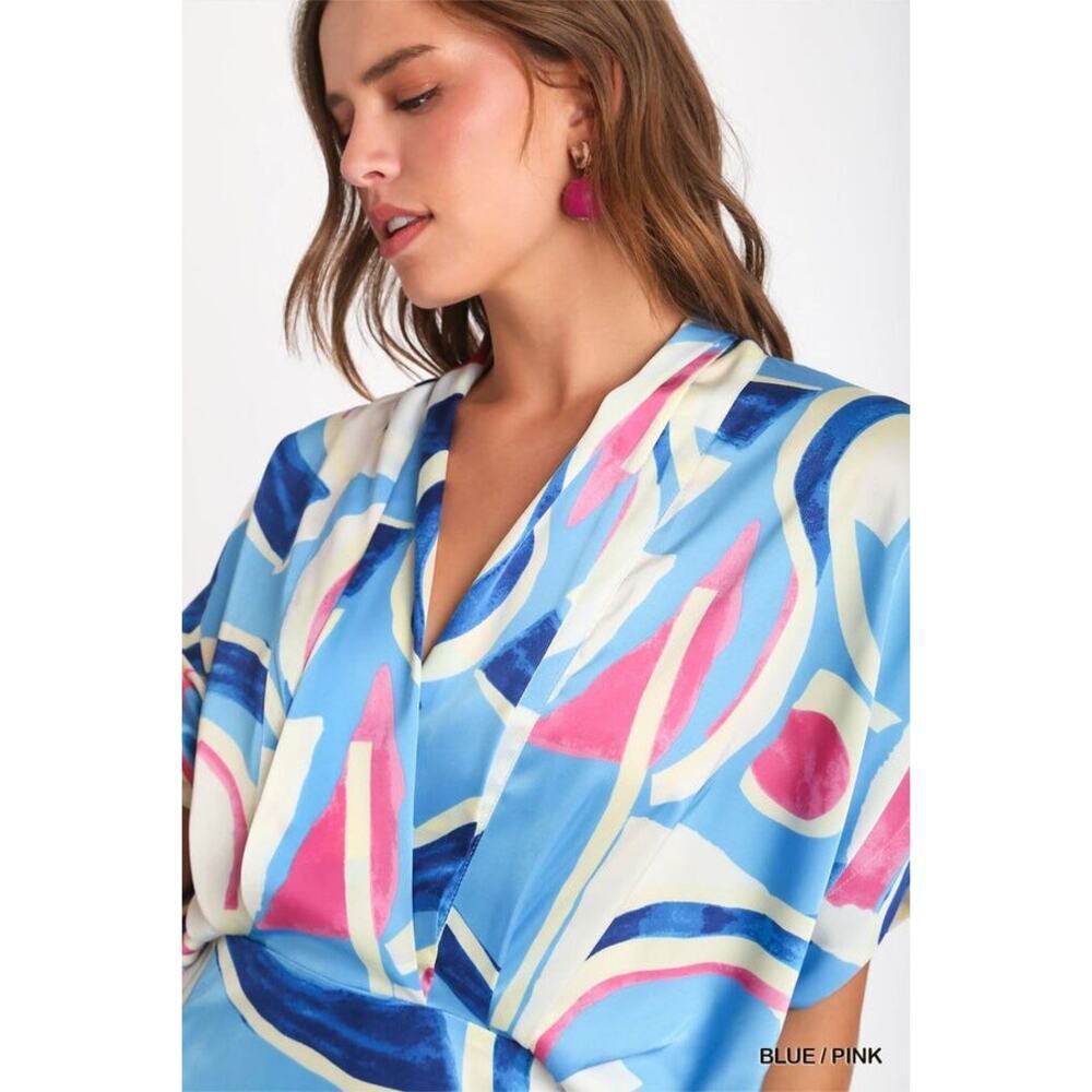 Umgee Satin Abstract Print Overlap Midi Dress with Side Slits - Picture 4 of 4